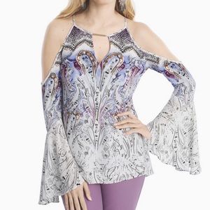 NWOT White House Black Market Paisley Cold-Shoulder Blouse 10 White/Iris Orchid